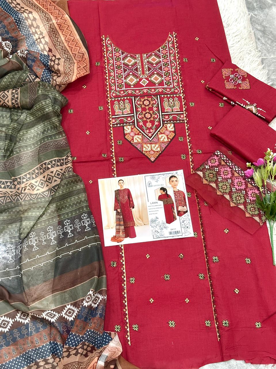 Sapphire Embroidered Lawn 3 Piece Suit – Maroon (D#117)_U