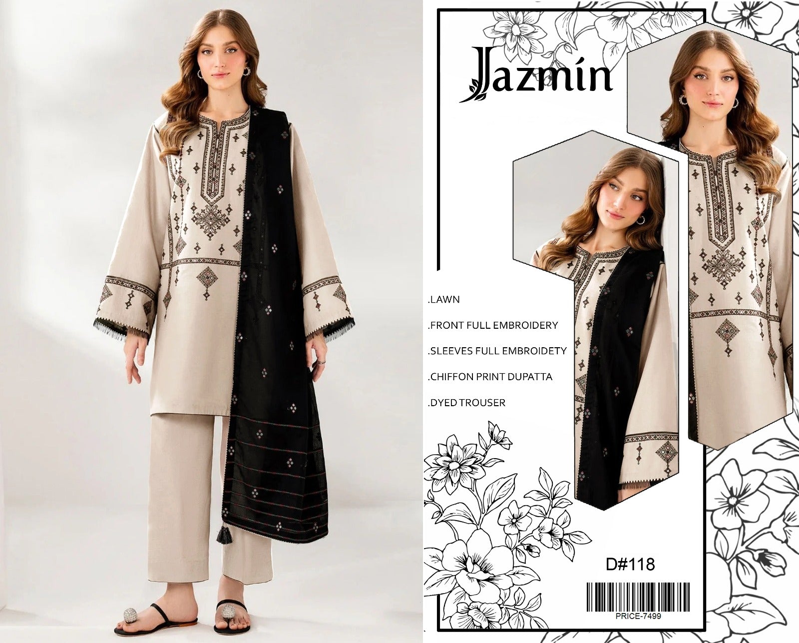 Jazmin Embroidered Lawn 3 Piece Suit – Beige & Black (D#118)_U