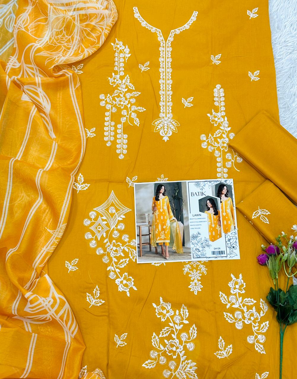 Batik Embroidered Lawn 3 Piece Suit – Mustard Yellow (D#126)_U
