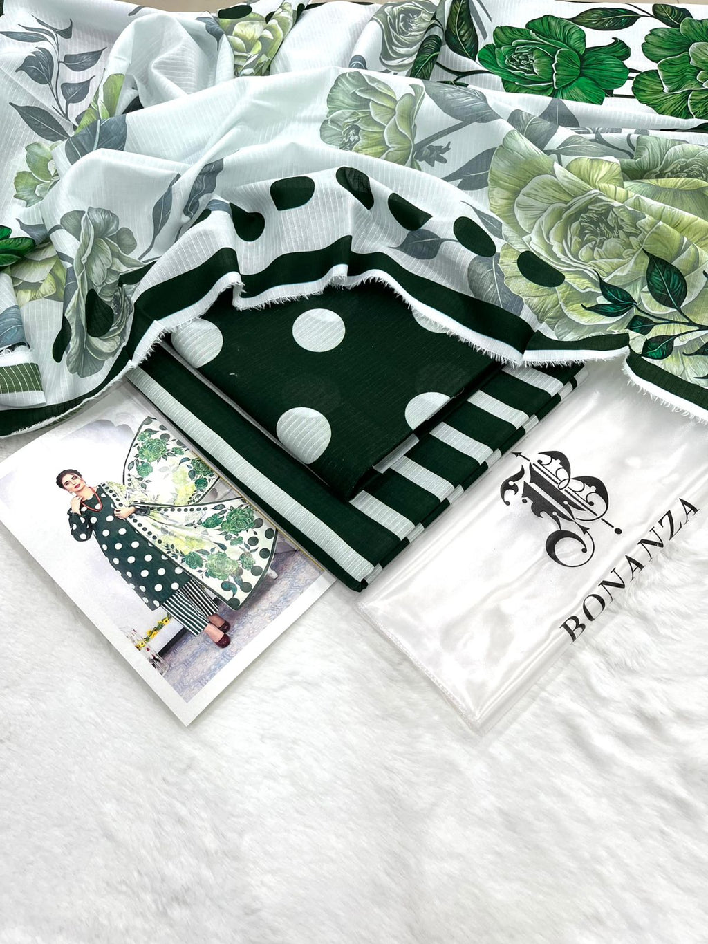 Bonanza Satrangi Unstitched 3Pc Premium Doria Lawn All Over Print Suit – Bottle Green
