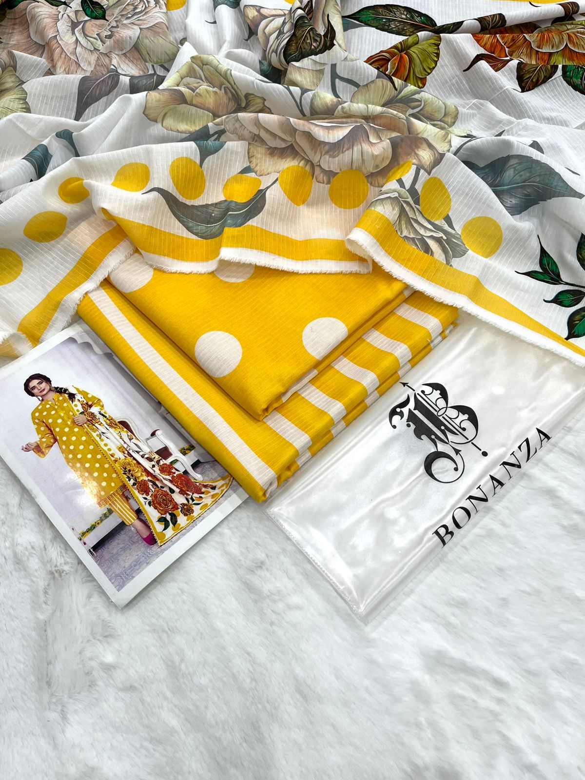 Bonanza Satrangi Unstitched 3Pc Premium Doria Lawn All Over Print Suit – Bright Yellow
