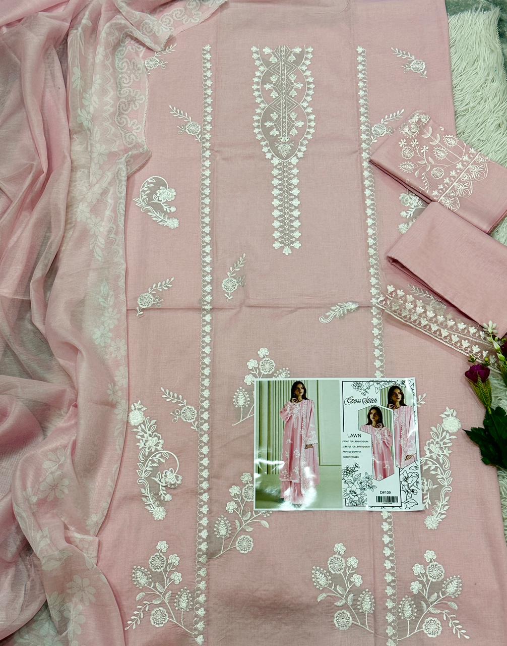 Cross Stitch Embroidered Lawn 3 Piece Suit – Baby Pink (D#109)_U