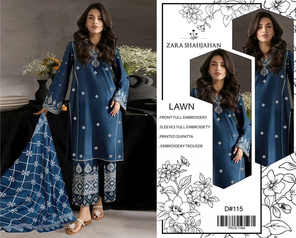 Zara Shahjahan Embroidered Lawn 3 Piece Suit – Teal Blue (D#115)_U