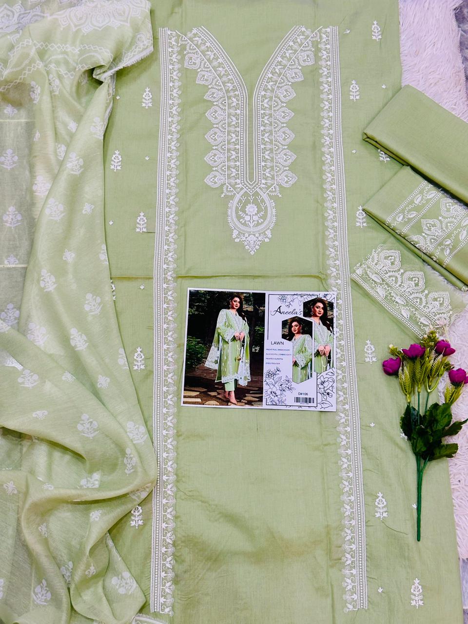 Aneela’s Embroidered Lawn 3 Piece Suit – Sage Green (D#106)_U
