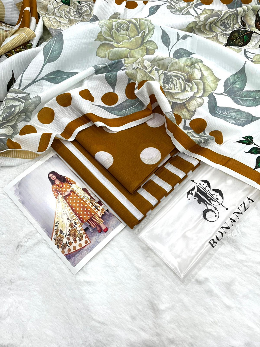 Bonanza Satrangi Unstitched 3Pc Premium Doria Lawn All Over Print Suit – Mustard Brown