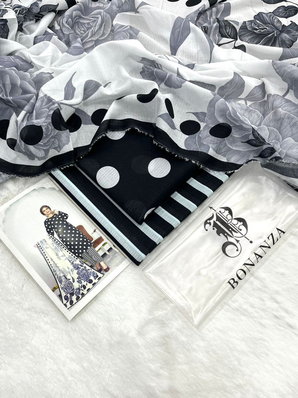 Bonanza Satrangi Unstitched 3Pc Bana Dora Lawn All Over Print Suit – Jet Black