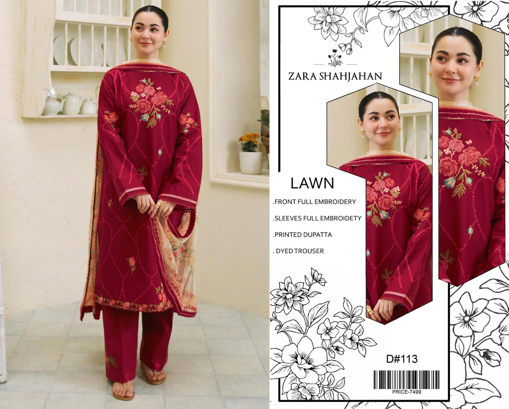 Zara Shahjahan Embroidered Lawn 3 Piece Suit – Deep Maroon (U_D#113)