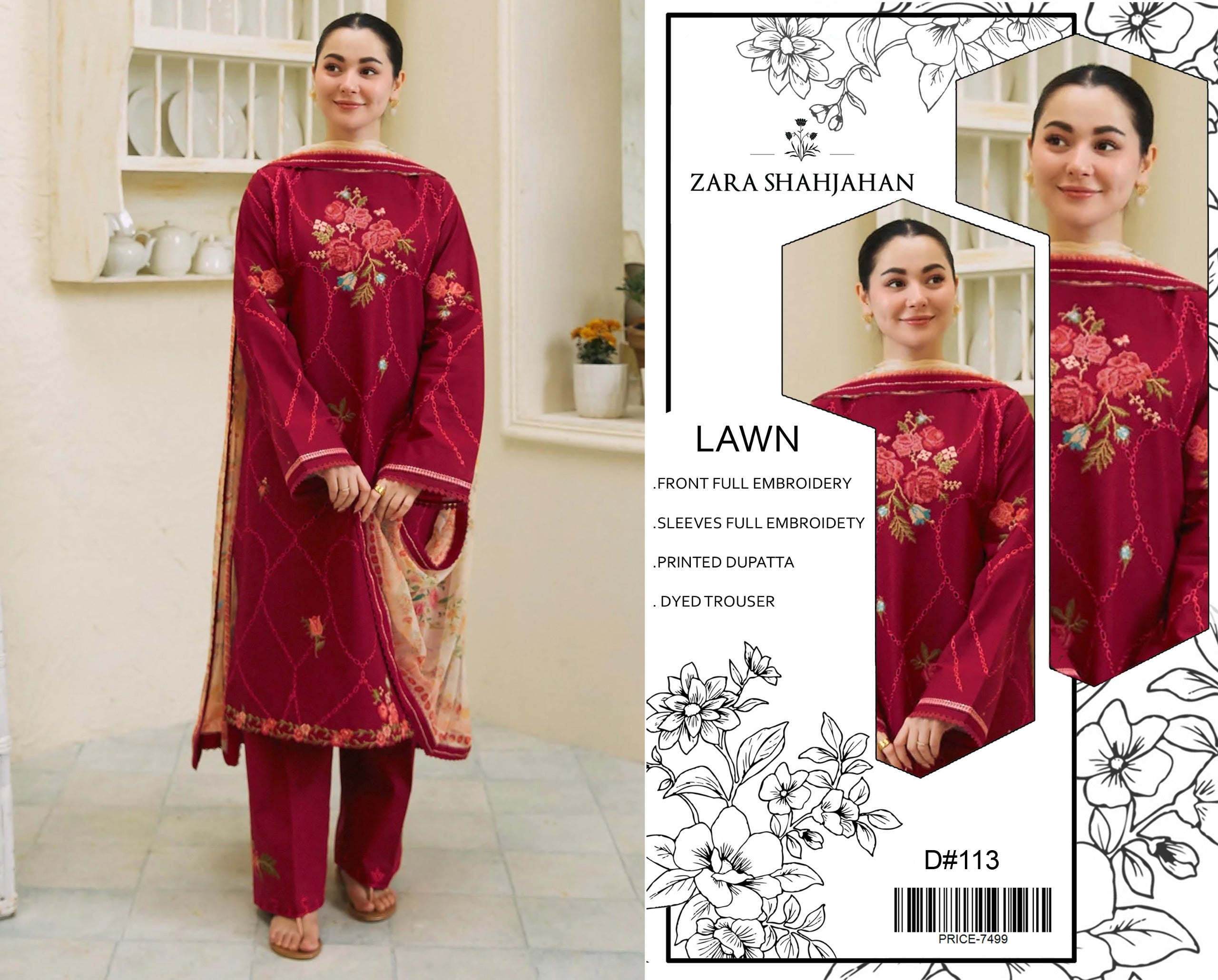 Zara Shahjahan Embroidered Lawn 3 Piece Suit – Deep Maroon (U_D#113)