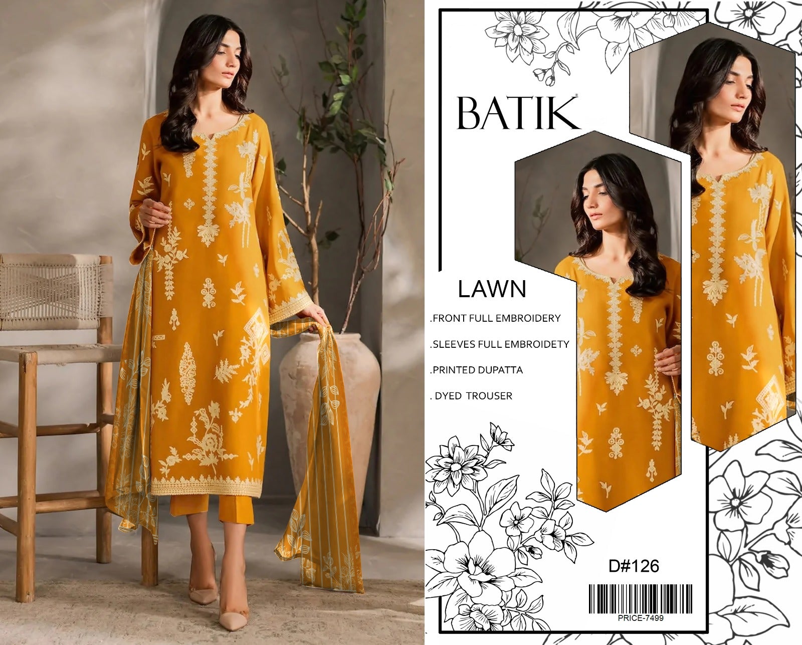 Batik Embroidered Lawn 3 Piece Suit – Mustard Yellow (D#126)_U