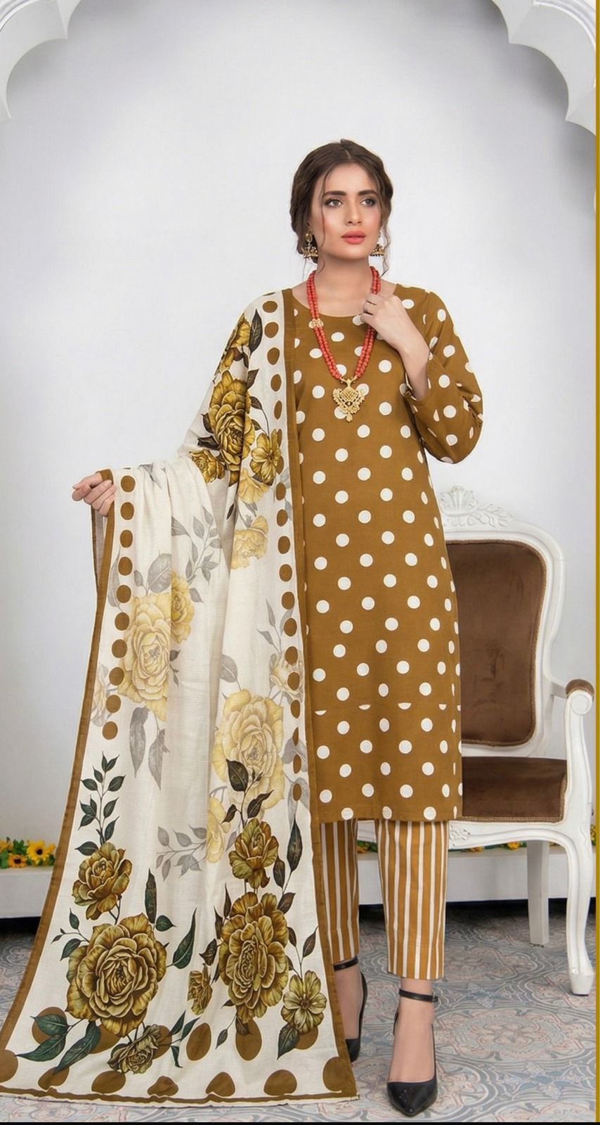 Bonanza Satrangi Unstitched 3Pc Premium Doria Lawn All Over Print Suit – Mustard Brown