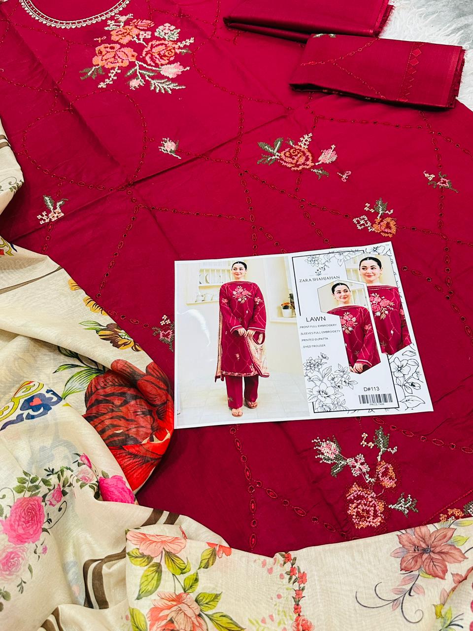 Zara Shahjahan Embroidered Lawn 3 Piece Suit – Deep Maroon (U_D#113)