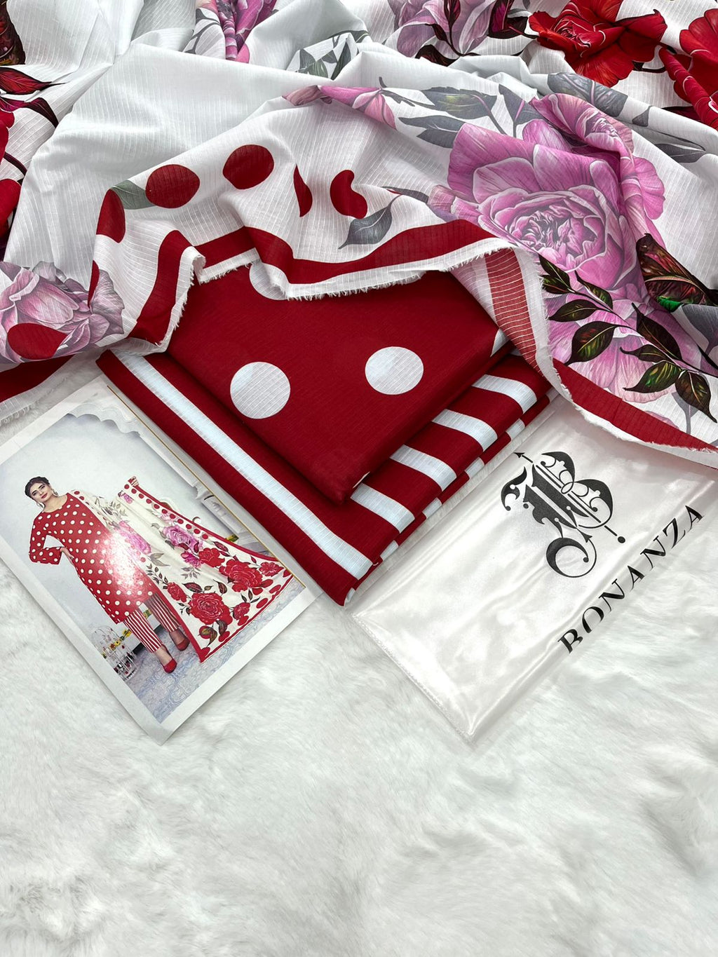 Bonanza Satrangi Unstitched 3Pc Premium Doria Lawn All Over Print Suit – Scarlet Red