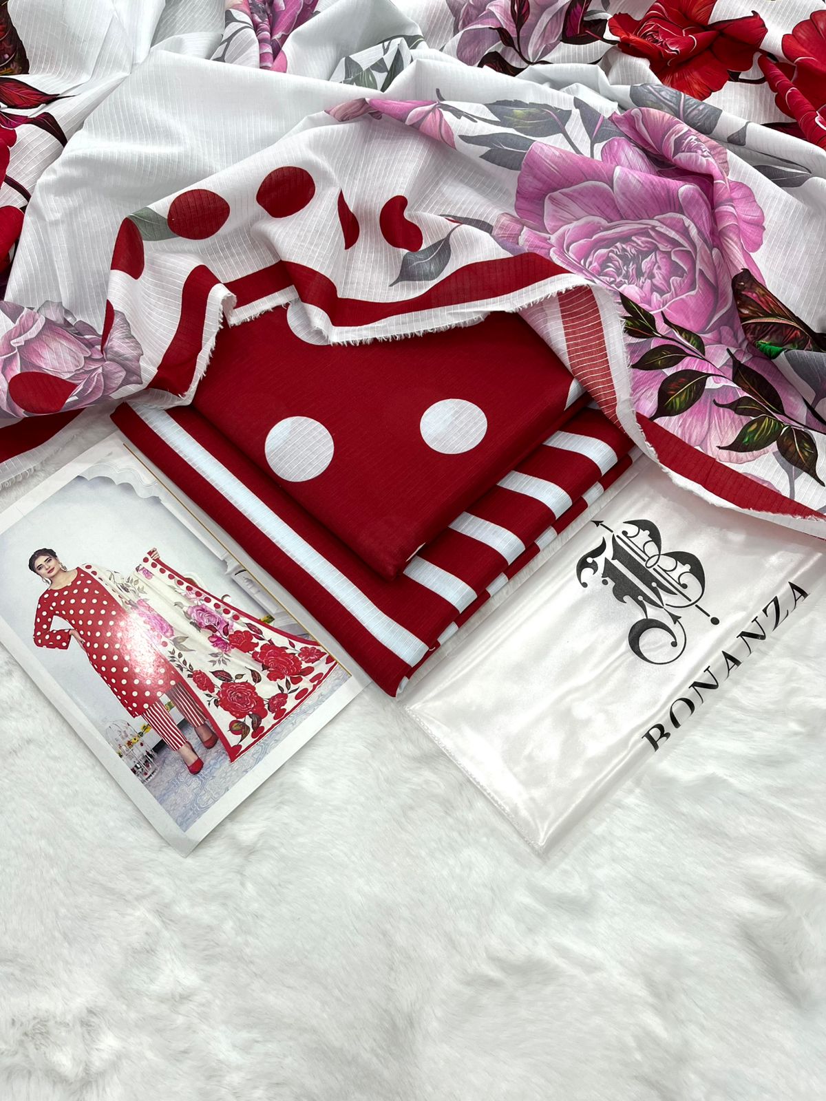 Bonanza Satrangi Unstitched 3Pc Premium Doria Lawn All Over Print Suit – Scarlet Red