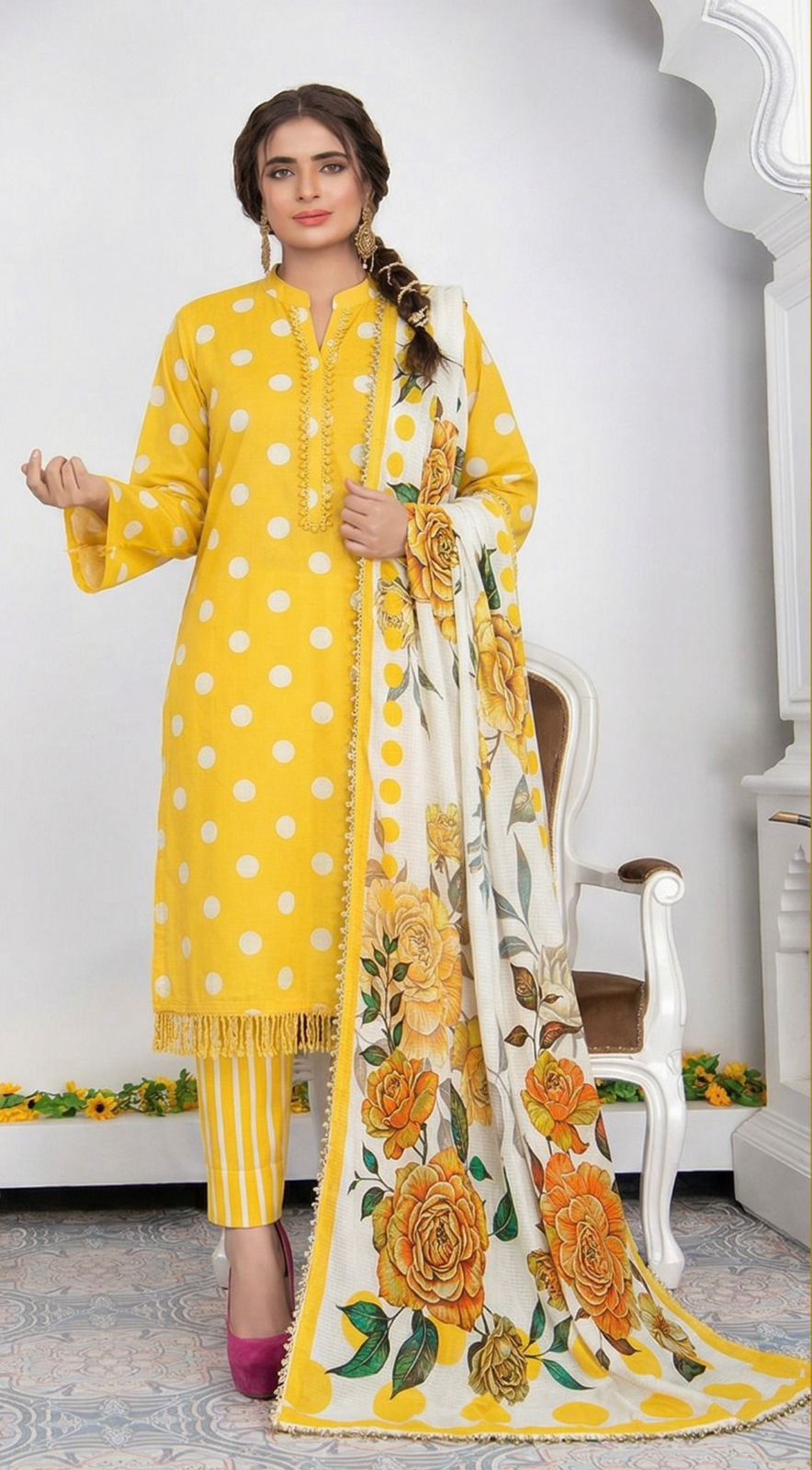 Bonanza Satrangi Unstitched 3Pc Premium Doria Lawn All Over Print Suit – Bright Yellow