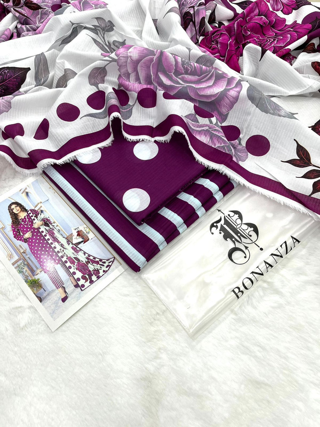 Bonanza Satrangi Unstitched 3Pc Premium Doria Lawn All Over Print Suit – Plum Purple