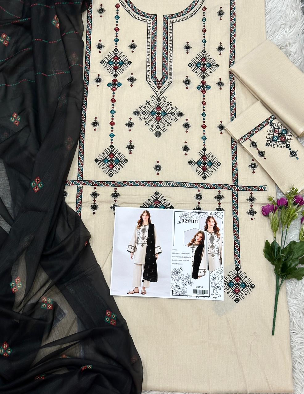 Jazmin Embroidered Lawn 3 Piece Suit – Beige & Black (D#118)_U