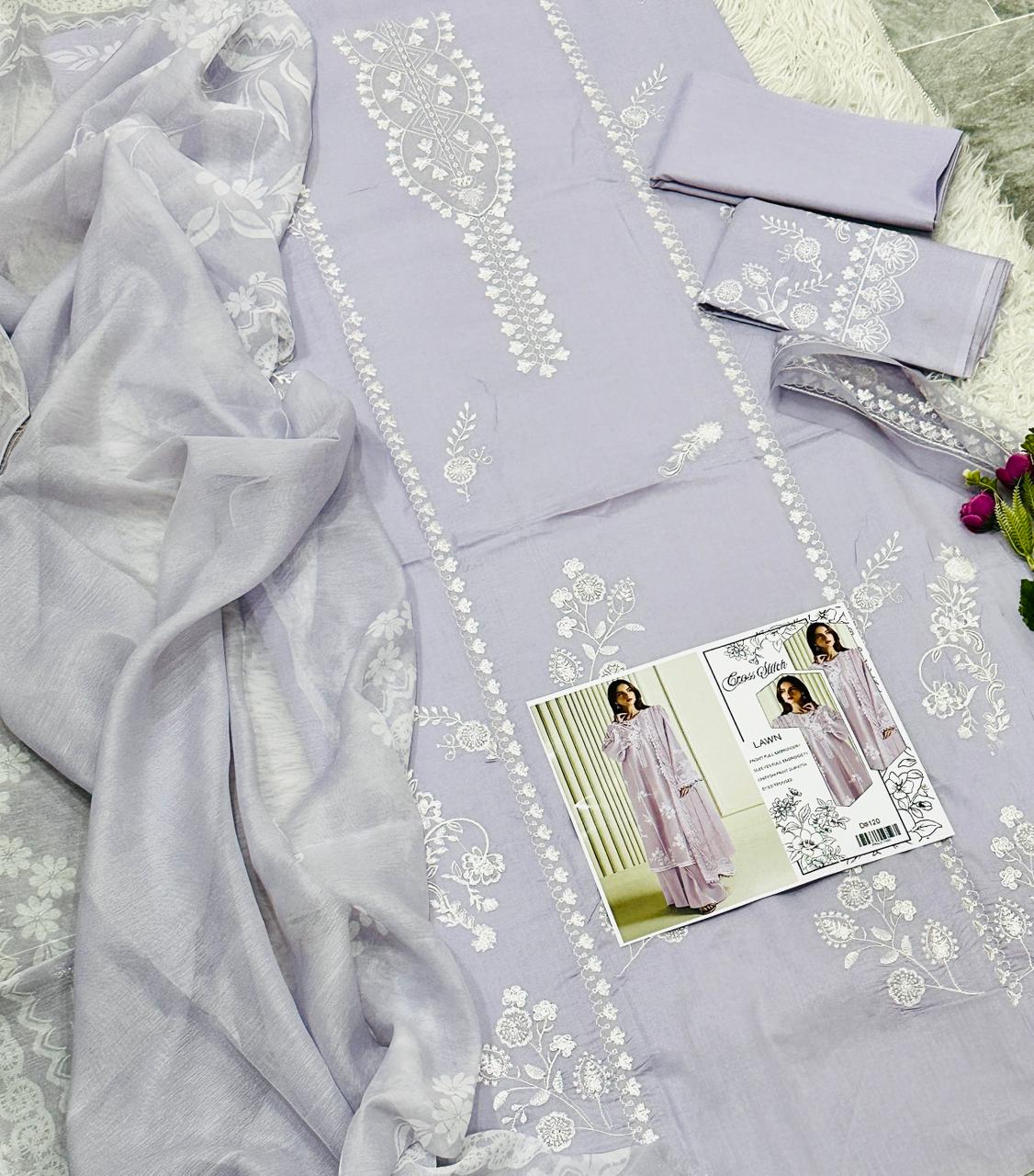Cross Stitch Embroidered Lawn 3 Piece Suit – Lavender (D#120)_U