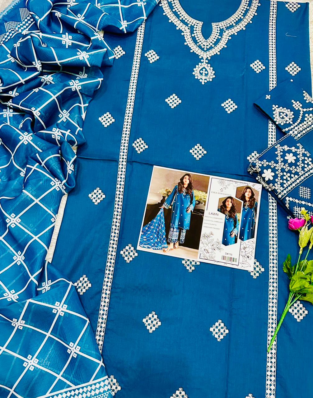 Zara Shahjahan Embroidered Lawn 3 Piece Suit – Teal Blue (D#115)_U