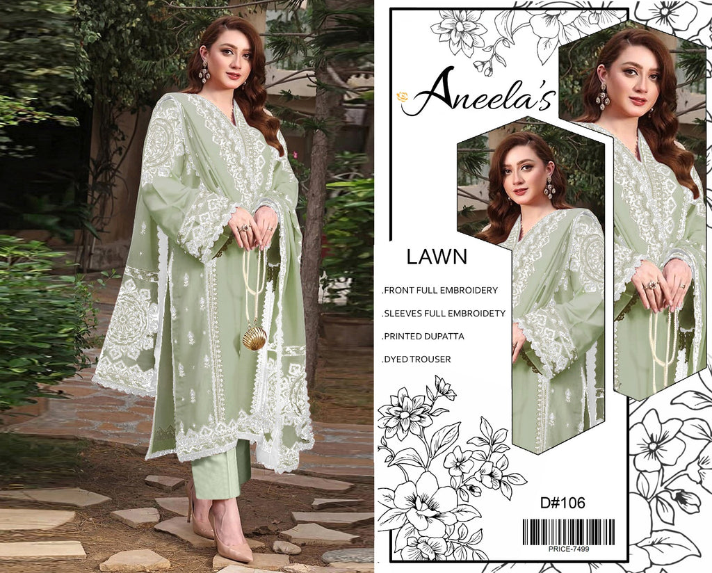 Aneela’s Embroidered Lawn 3 Piece Suit – Sage Green (D#106)_U
