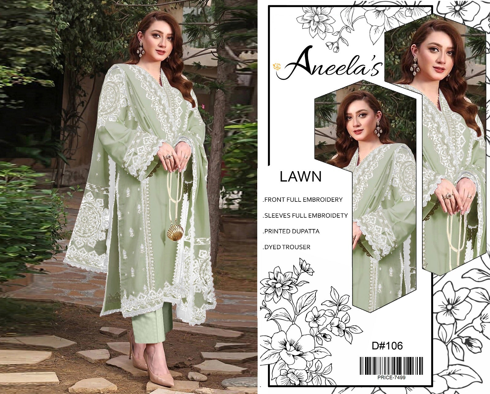 Aneela’s Embroidered Lawn 3 Piece Suit – Sage Green (D#106)_U