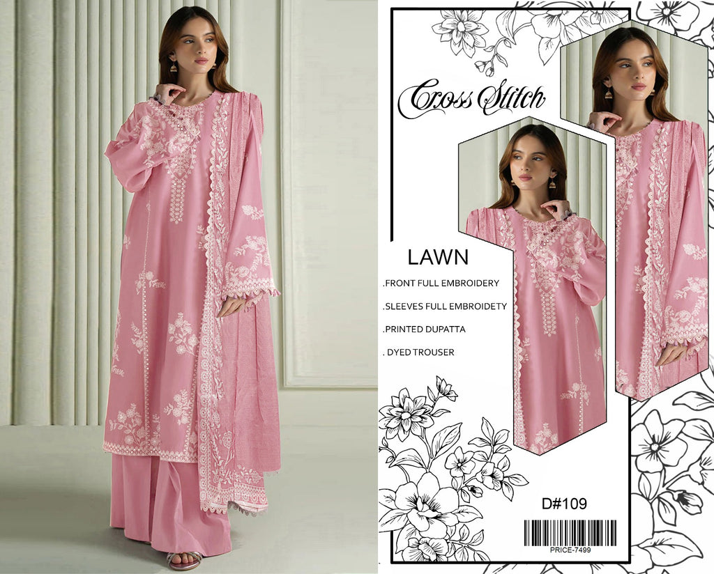 Cross Stitch Embroidered Lawn 3 Piece Suit – Baby Pink (D#109)_U