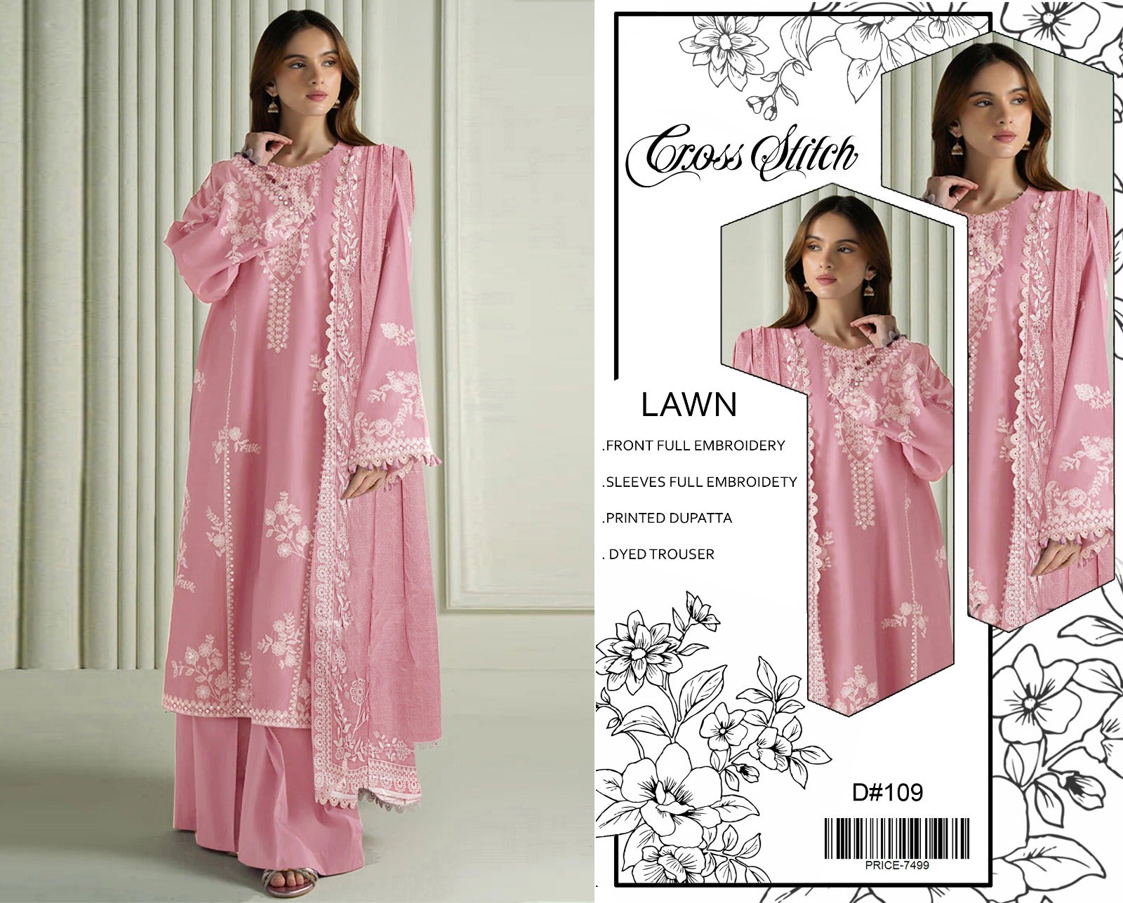 Cross Stitch Embroidered Lawn 3 Piece Suit – Baby Pink (D#109)_U