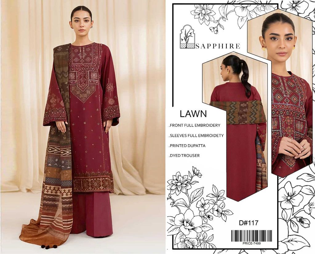 Sapphire Embroidered Lawn 3 Piece Suit – Maroon (D#117)_U