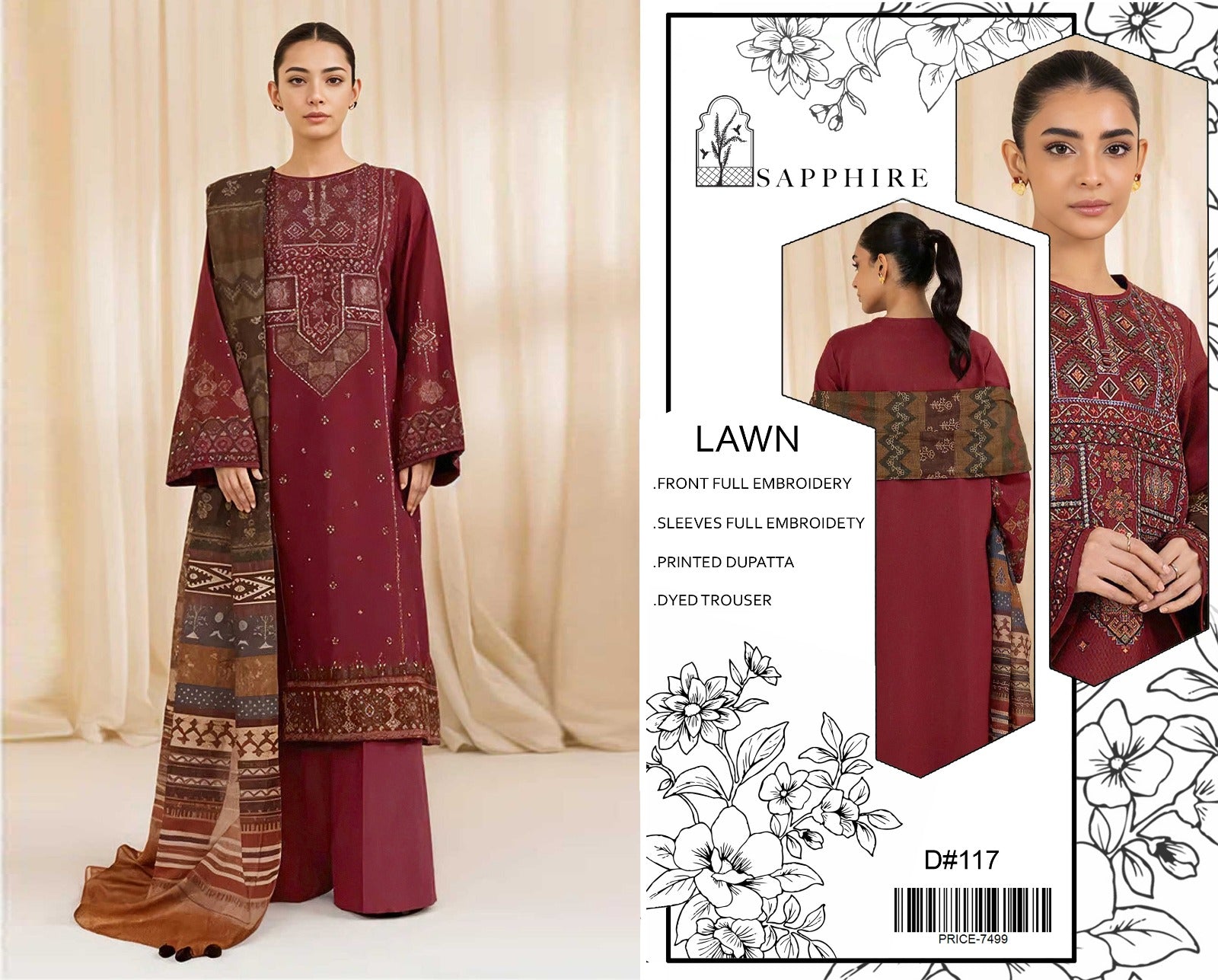 Sapphire Embroidered Lawn 3 Piece Suit – Maroon (D#117)_U